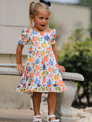 Halloween Pumpkin Print Girls Ruffle Hem Dress