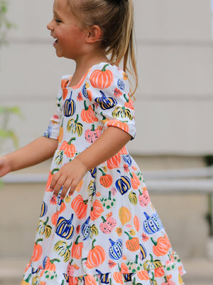 Halloween Pumpkin Print Girls Ruffle Hem Dress