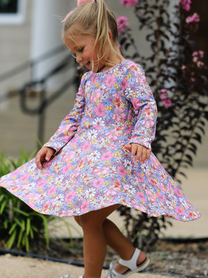 Fall Vintage Floral Print Girls Long Sleeve Twirl Dress
