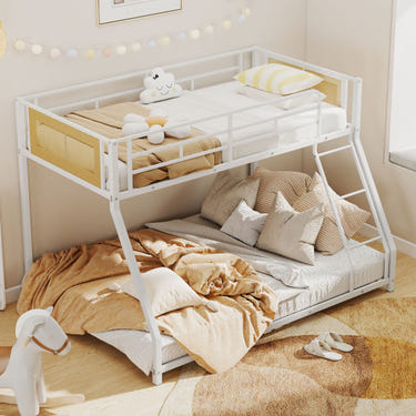 White metal twin over full bunk bed with safety guardrail and ramp ladder for toddlers.