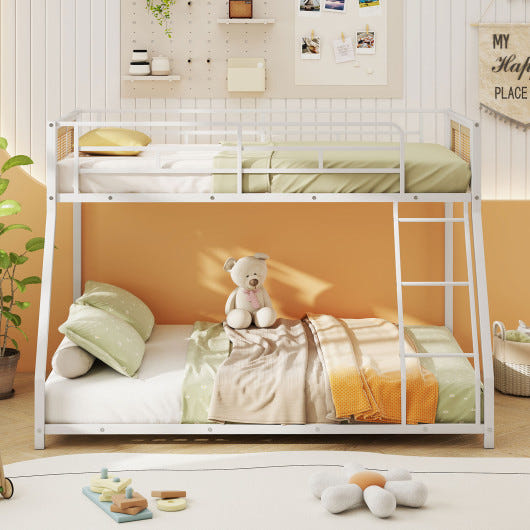 White metal twin over full bunk bed with safety guardrail and ramp ladder for toddlers.