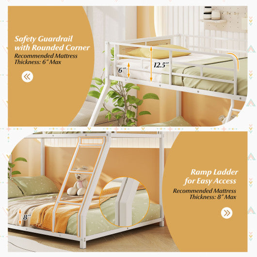 Metal Bunk Bed Twin Over Full with Full Length Safety Guardrail and Ramp Ladder-White