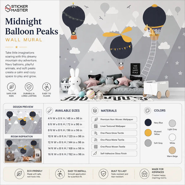 Midnight Balloon Peaks Wall Mural / Nursery Kids Room Wallpaper Decor by Sticker Master