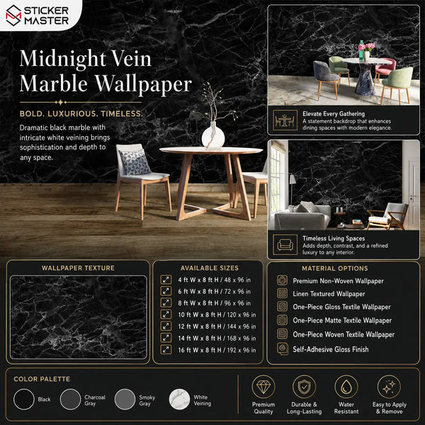 Midnight Vein Marble Wallpaper Mural | Black Stone Wall Decor