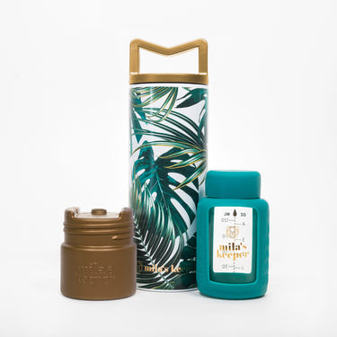 MilKeeper Starter Set in Panama Palms design, ideal breast milk storage containers for new parents.