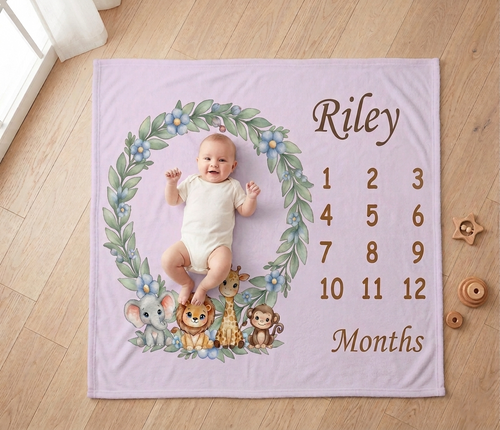 Personalised Baby Safari Milestone Blanket | Lavender Pink, Light Blue & Cream