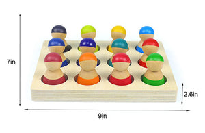 Colorful wooden rainbow peg dolls set of 12, perfect for indoor play and imaginative fun.