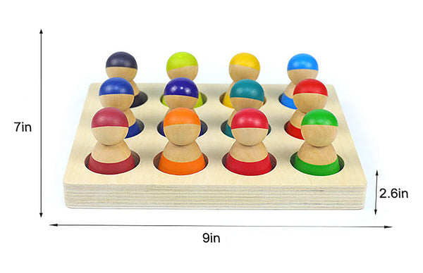 Colorful wooden rainbow peg dolls set of 12, perfect for indoor play and imaginative fun.