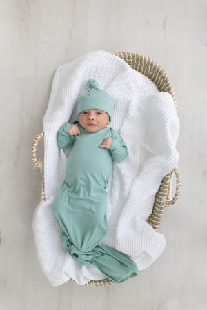 Newborn Knotted Baby Gown and Hat Set - Crew  - (Newborn-3 months) Mint, Navy Blue, Pink, Camel Brown