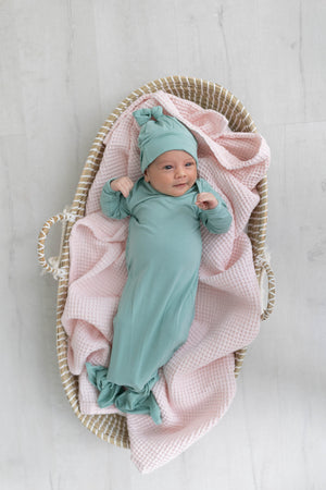 Newborn Knotted Baby Gown and Hat Set - Crew  - (Newborn-3 months) Mint, Navy Blue, Pink, Camel Brown