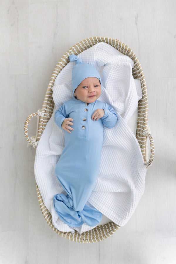 Newborn Knotted Gown & Hat Set Baby Blue, Newborn Clothes for Boys - MOOGCO Baby