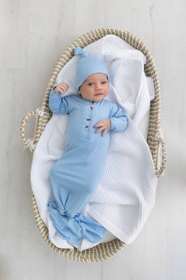 Newborn Knotted Gown & Hat Set Baby Blue, Newborn Clothes for Boys - MOOGCO Baby