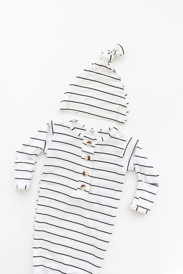 Knotted Baby Gown Set - Black Stripes (Newborn-3 months) - MOOGCO Baby