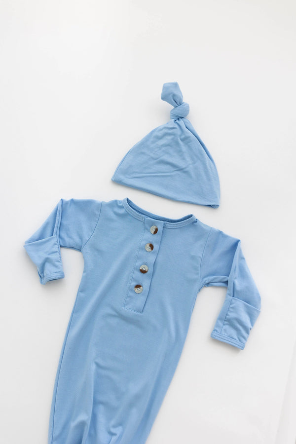 Newborn Knotted Gown & Hat Set Baby Blue, Newborn Clothes for Boys - MOOGCO Baby