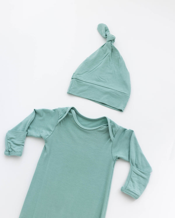 Newborn Knotted Baby Gown and Hat Set - Crew  - (Newborn-3 months) Mint, Navy Blue, Pink, Camel Brown