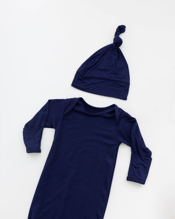 Newborn Knotted Baby Gown and Hat Set - Crew  - (Newborn-3 months) Mint, Navy Blue, Pink, Camel Brown