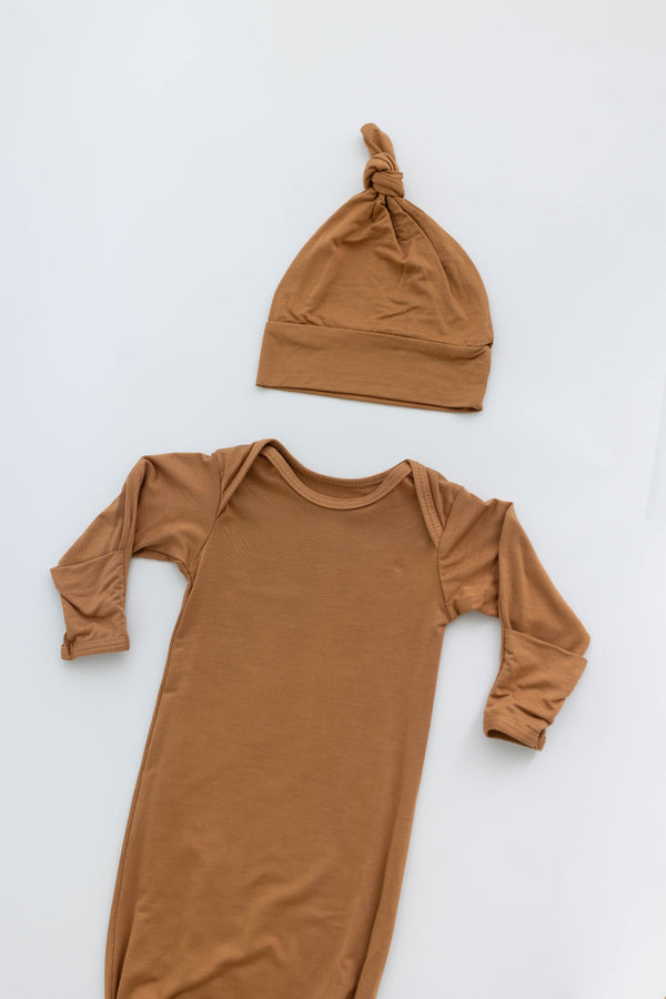 Newborn Knotted Baby Gown and Hat Set - Crew  - (Newborn-3 months) Mint, Navy Blue, Pink, Camel Brown