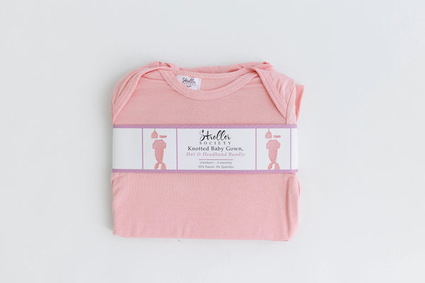 Newborn Knotted Baby Gown and Hat Set - Crew  - (Newborn-3 months) Mint, Navy Blue, Pink, Camel Brown - MOOGCO Baby