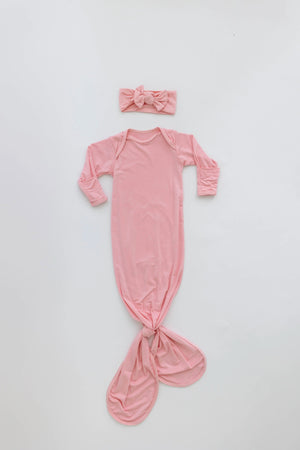 Newborn Knotted Baby Gown and Hat Set - Crew  - (Newborn-3 months) Mint, Navy Blue, Pink, Camel Brown - MOOGCO Baby