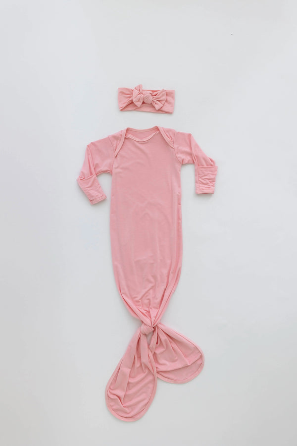 Newborn Knotted Baby Gown and Hat Set - Crew  - (Newborn-3 months) Mint, Navy Blue, Pink, Camel Brown - MOOGCO Baby