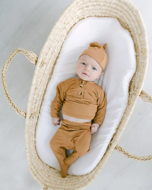 Top and Bottom Outfit and Hat Set (Newborn-12 months sizes) Camel - MOOGCO Baby