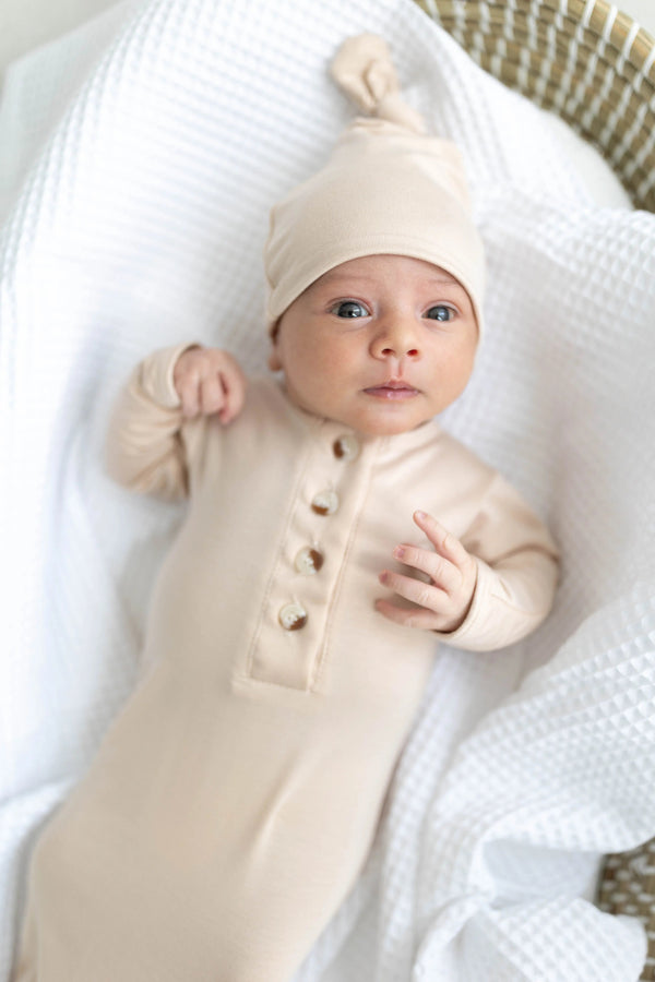 Knotted Baby Gown Set - Sand (Newborn-3 months) - MOOGCO Baby