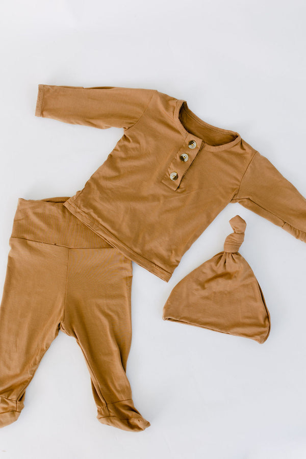 Top and Bottom Outfit and Hat Set (Newborn-12 months sizes) Camel