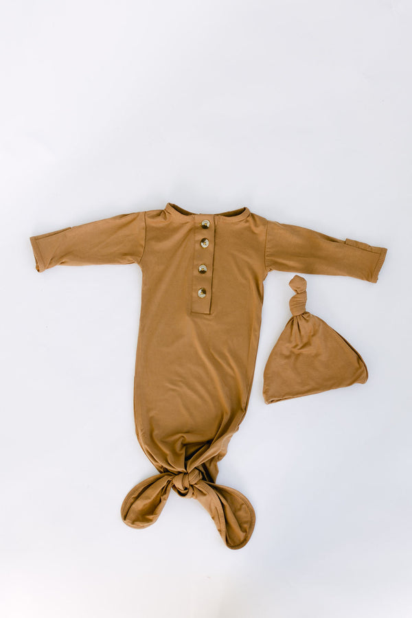 Knotted Baby Gown & Hat Set - Camel Brown (Newborn-3 months)