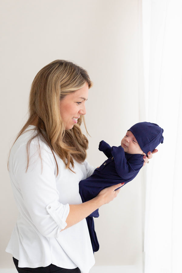 Newborn Knotted Gown and Hat Set Navy Blue, Newborn Clothes for Boys