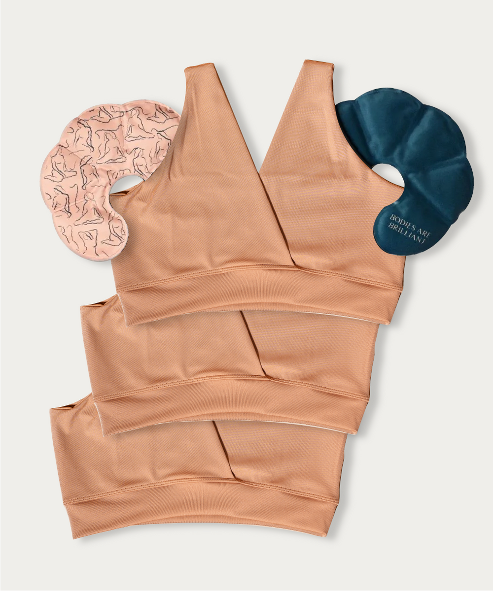 FourthWear postpartum bralette set of 3 with breast chest ice heat packs for comfort and recovery.