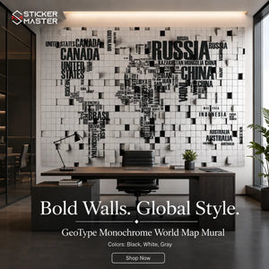 GeoType Monochrome World Map Mural / 3D Cube Wallpaper by Sticker Master