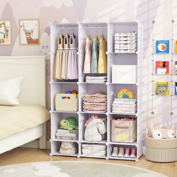 Modular Baby Wardrobe with 13 Cubes and Hanging Rod and Shelves Stackable