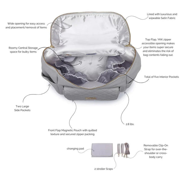 Signature Diaper Bag in Stone Grey, stylish and functional, shown from angle 2 for a detailed view.