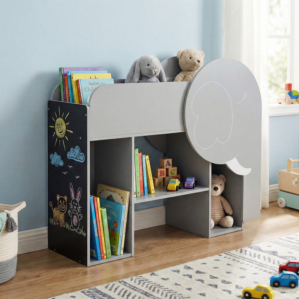 Montessori Bookshelf with Elephant Shape 3-Tier Toddler Toy Storage Organizer-Grey