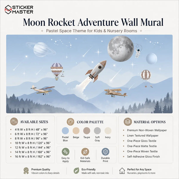 Moon Rocket Adventure Wall Mural for Kids, Nursery & Playrooms by Sticker Master