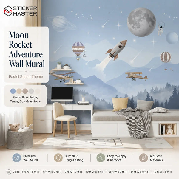 Moon Rocket Adventure Wall Mural for Kids, Nursery & Playrooms by Sticker Master