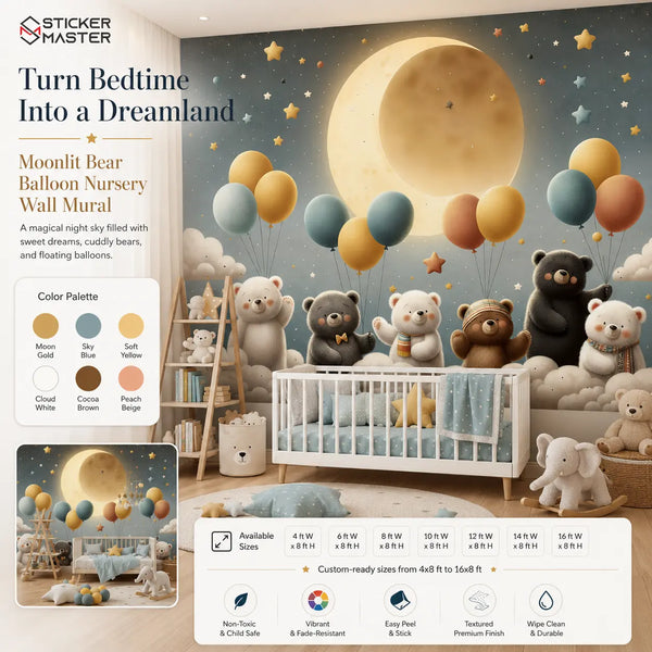 Moonlit Bear Balloon Nursery Wall Mural