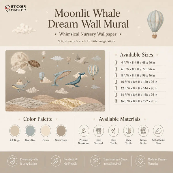 Moonlit Whale Dream Wall Mural for Kids & Nursery