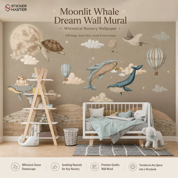 Moonlit Whale Dream Wall Mural for Kids & Nursery