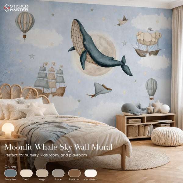 Moonlit Whale Sky Wall Mural for Dreamy Nursery Rooms by Sticker Master