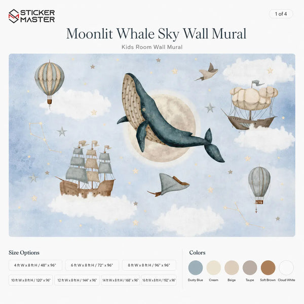 Moonlit Whale Sky Wall Mural for Dreamy Nursery Rooms
