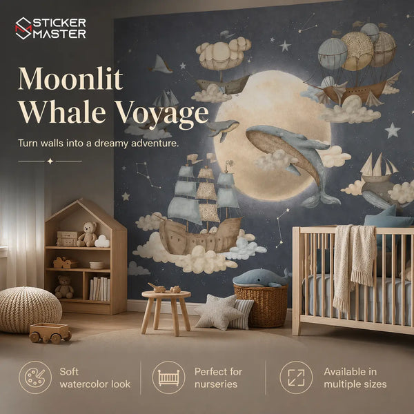 Moonlit Whale Voyage Wall Mural for Kids & Nursery by Sticker Master