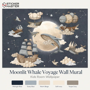Moonlit Whale Voyage Wall Mural for Kids & Nursery by Sticker Master