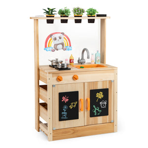 Kids Mud Kitchen Fir Wood Playset with Planting Pots and Blackboards