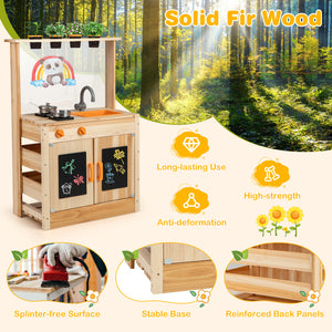 Kids Mud Kitchen Fir Wood Playset with Planting Pots and Blackboards
