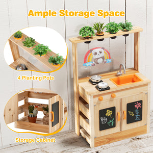 Kids Mud Kitchen Fir Wood Playset with Planting Pots and Blackboards