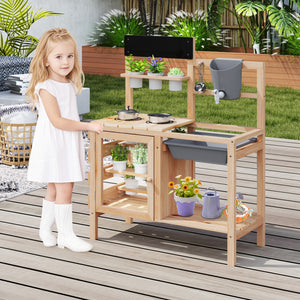 Mud Kitchen Playset with Sink and Plants Observation Room-Natural