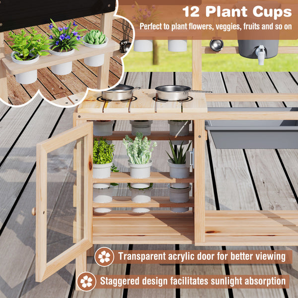 Mud Kitchen Playset with Sink and Plants Observation Room-Natural