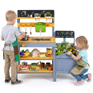 Mud Kitchen Set for Kids with Running Water Reservoir and Plant Pots for 3+-Yellow
