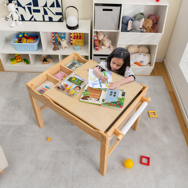 Kids multi-activity wooden play table with storage and paper roll, perfect for building blocks and creative play.